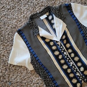 Bobbie Brooks Vintage Daisy Floral Cream Blue Tan Button Blouse 90s Cottagecore